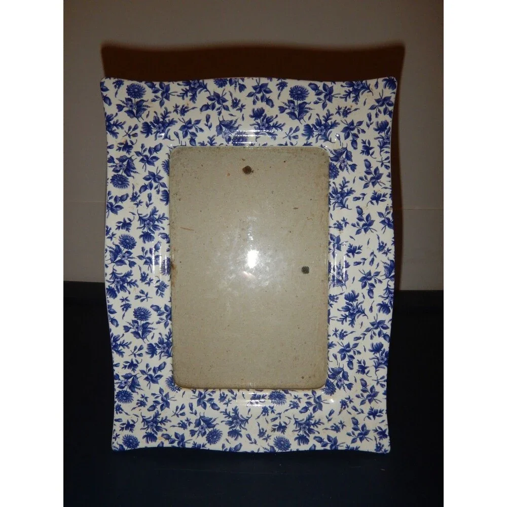 Vintage Blue White Chintz Floral Ceramic Picture Frame Easel Back Transferware